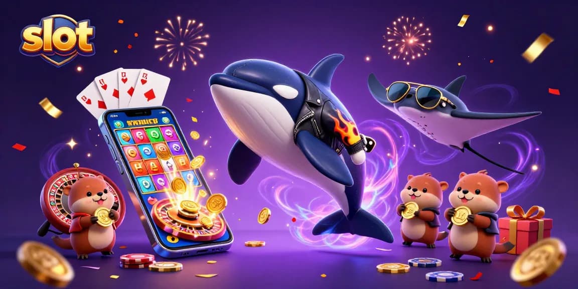 Slot menarik dengan orka, ikan pari, dan ikan laut lainnya merayakan jackpot dan kepingan emas.