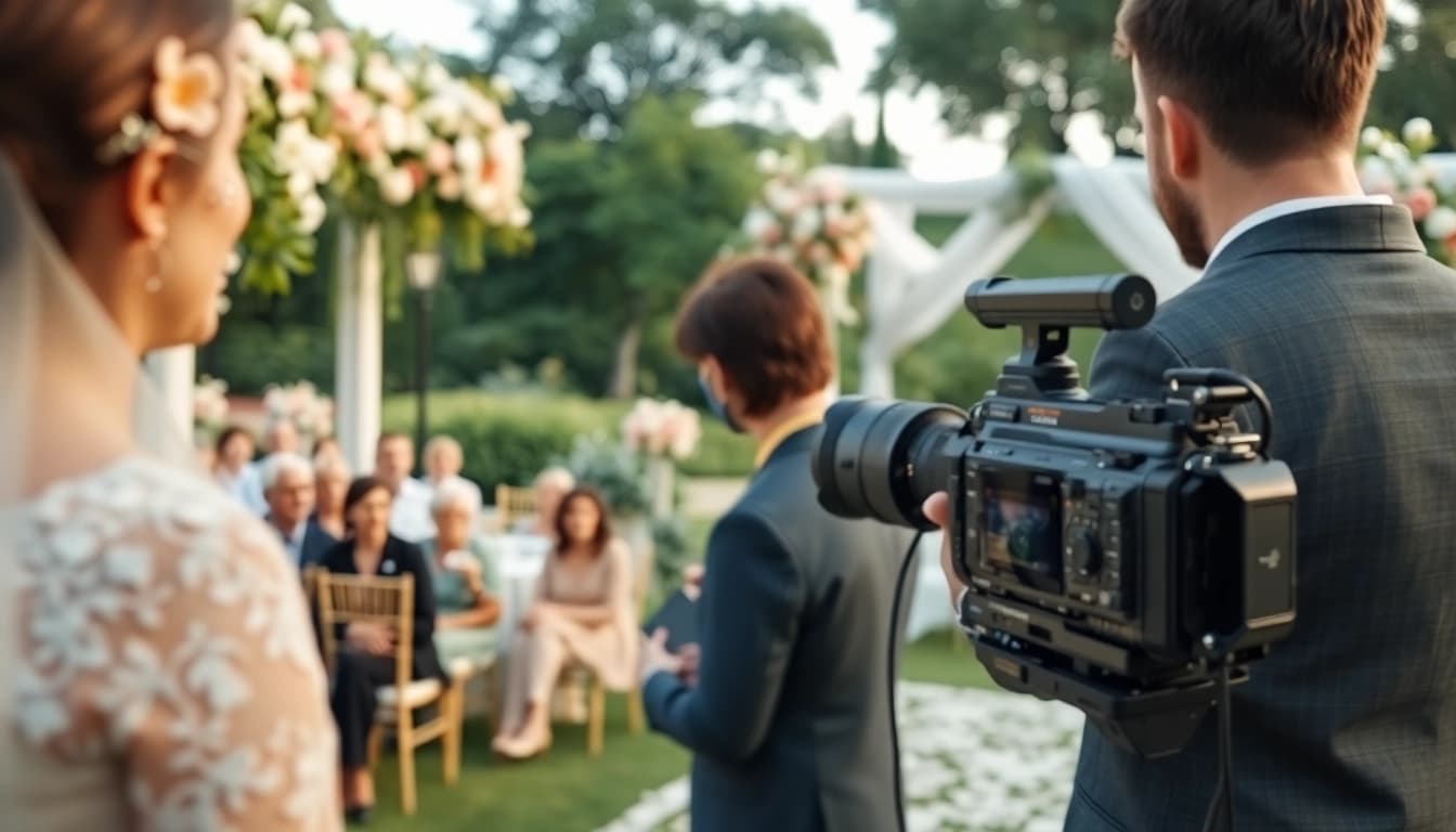 Capturing on-site videography of a couple's wedding ceremony surrounded by wedding guests.
