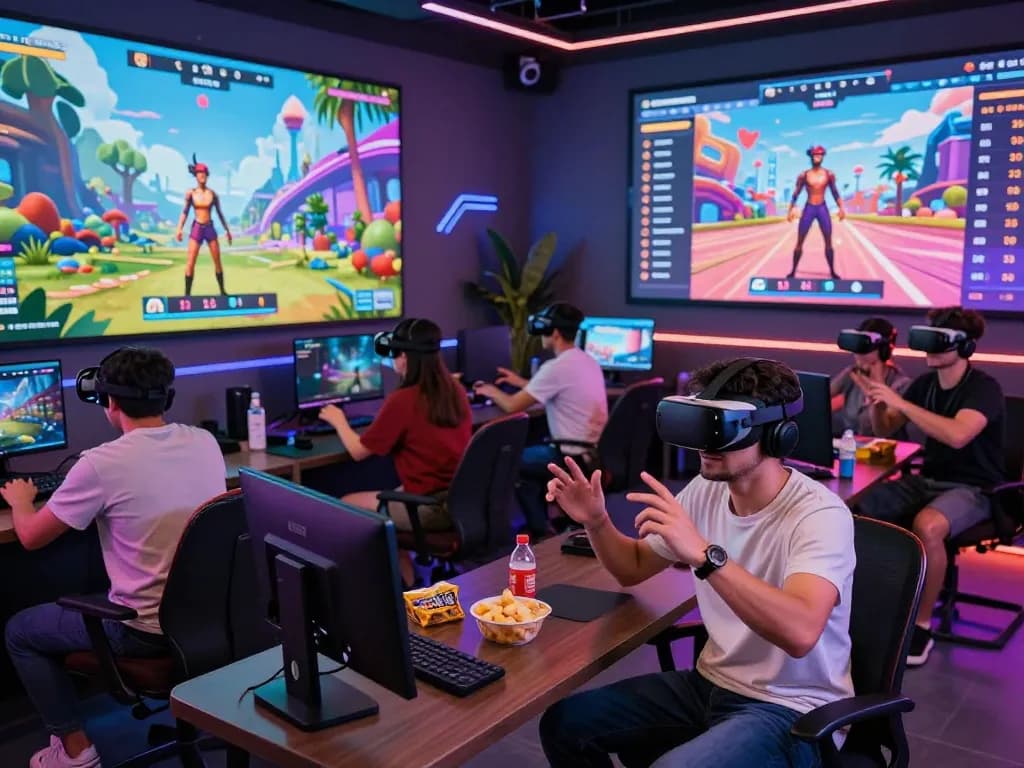 Adults enjoying immersive AI porn games in a lively VR gaming environment.