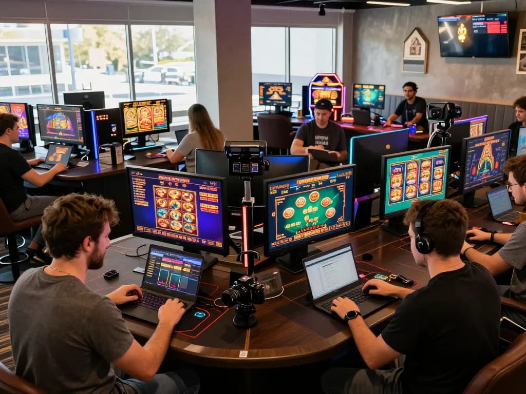 Engaged players enjoying online casinos Canada through modern gaming setups with laptops and tablets.
