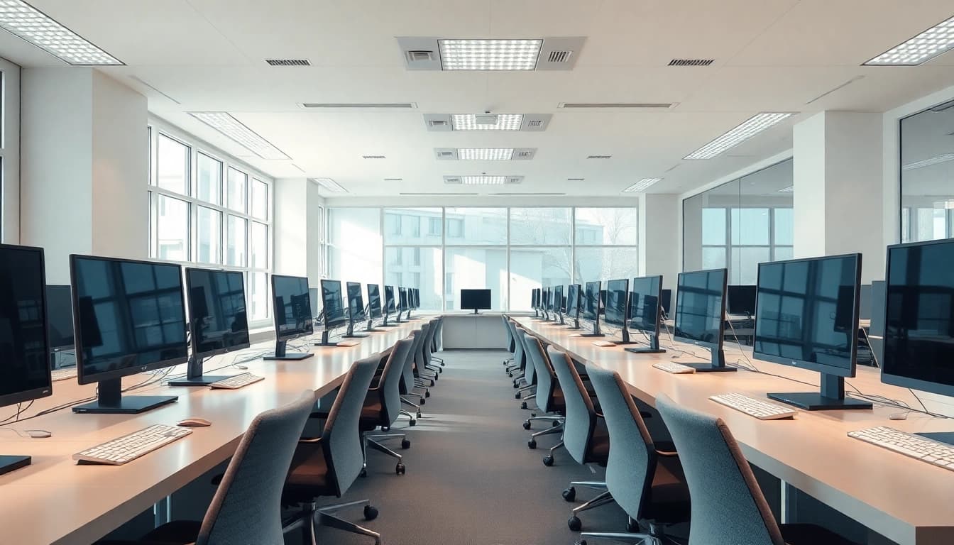 Enhance productivity at this vibrant typing center with modern equipment and a sleek design.