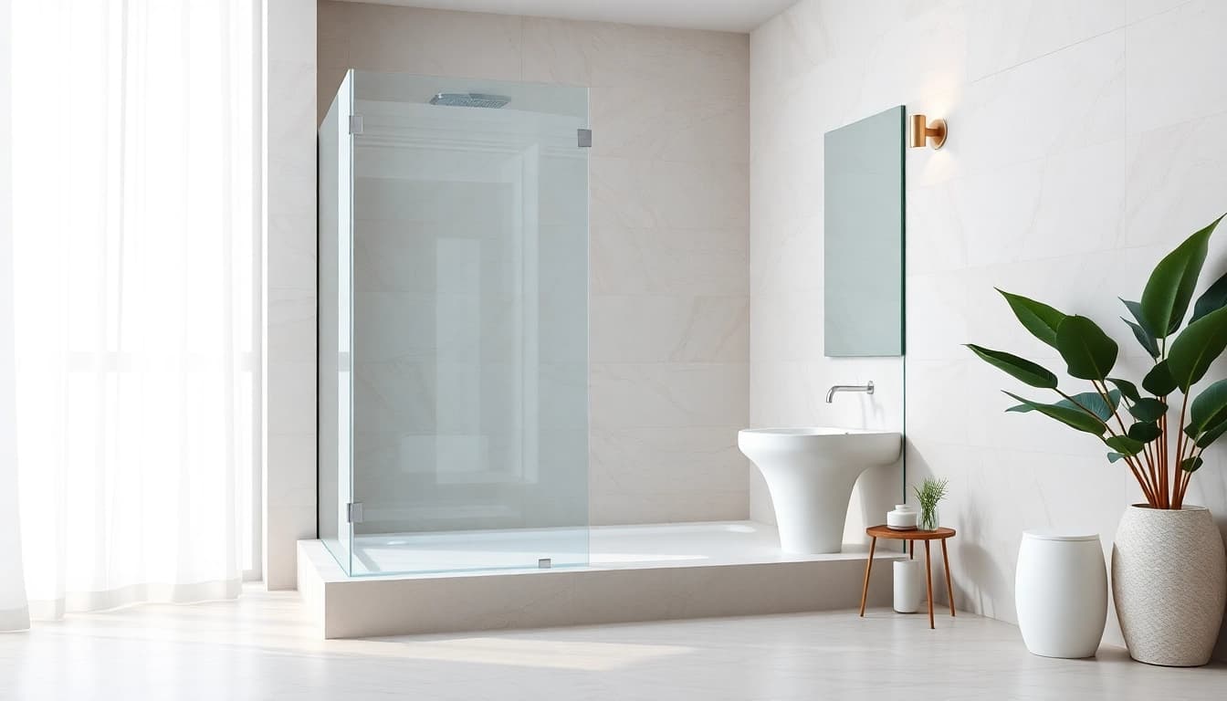 Paroi de douche élégante en verre dans une salle de bain moderne et épurée.