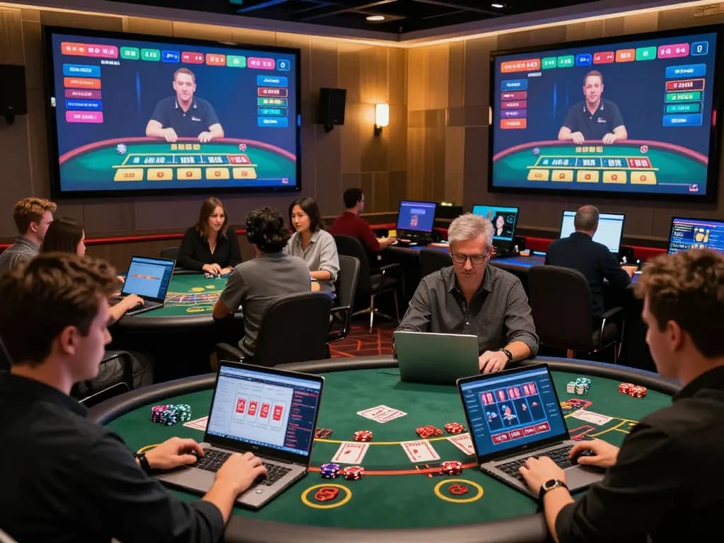 Engaged players enjoying baccarat사이트 in a dynamic online casino setting, showcasing real-time gaming interactions and vibrant digital design.