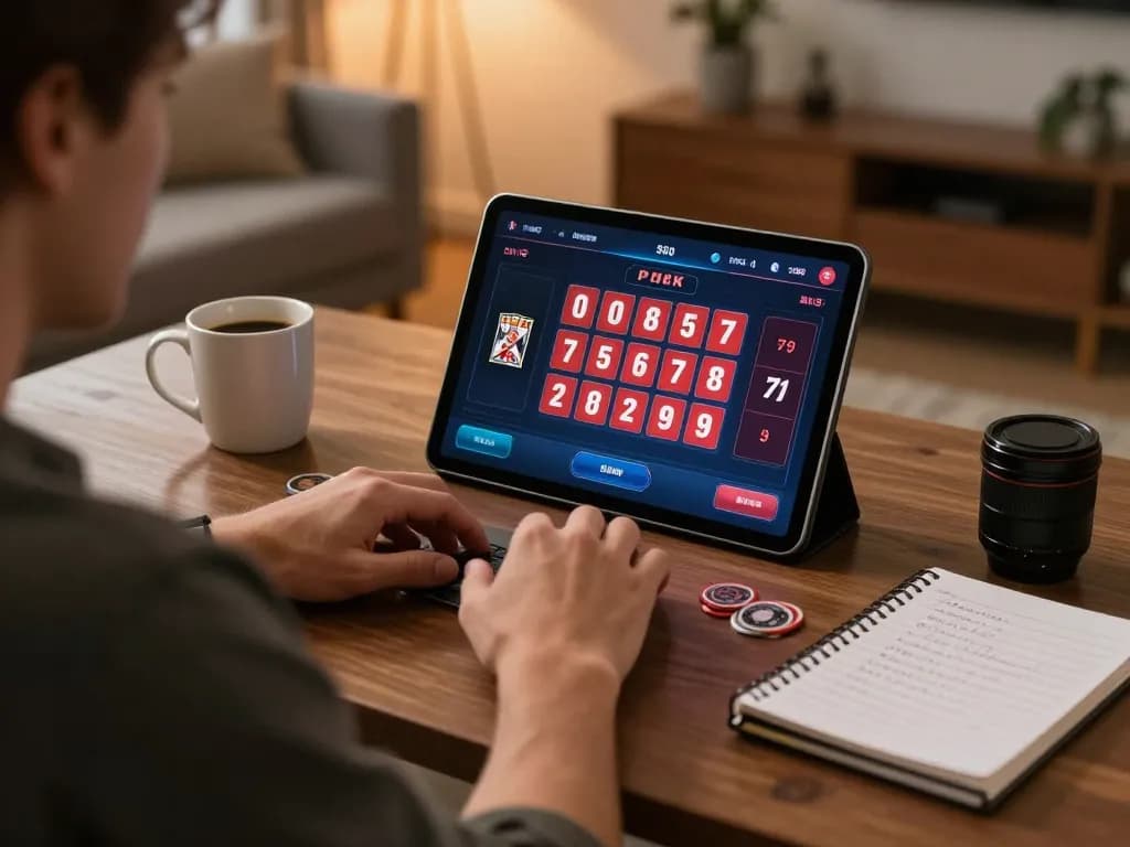 Player engaging in 79 king poker gameplay at home, showcasing interactive tablet interface and cozy ambiance
