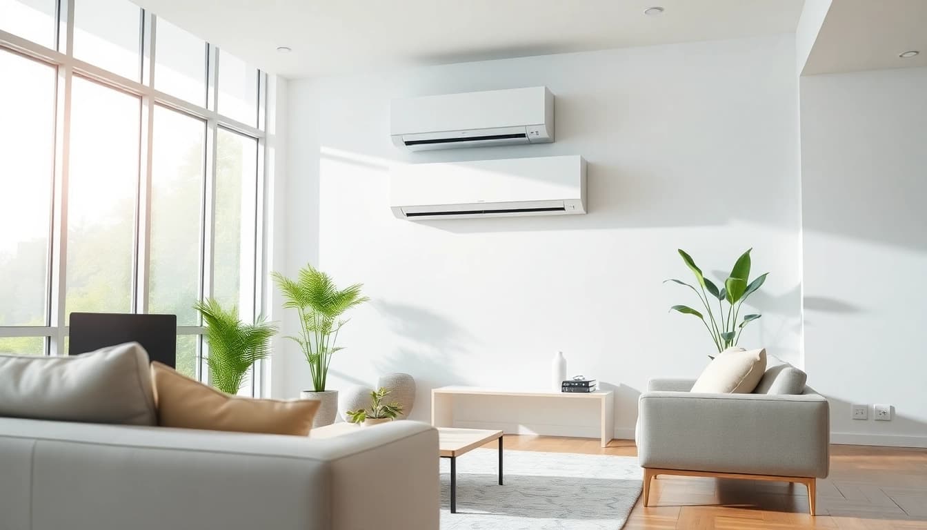 Install a Mitsubishi mini split AC unit in a stylish modern room, showcasing its seamless design and efficiency.