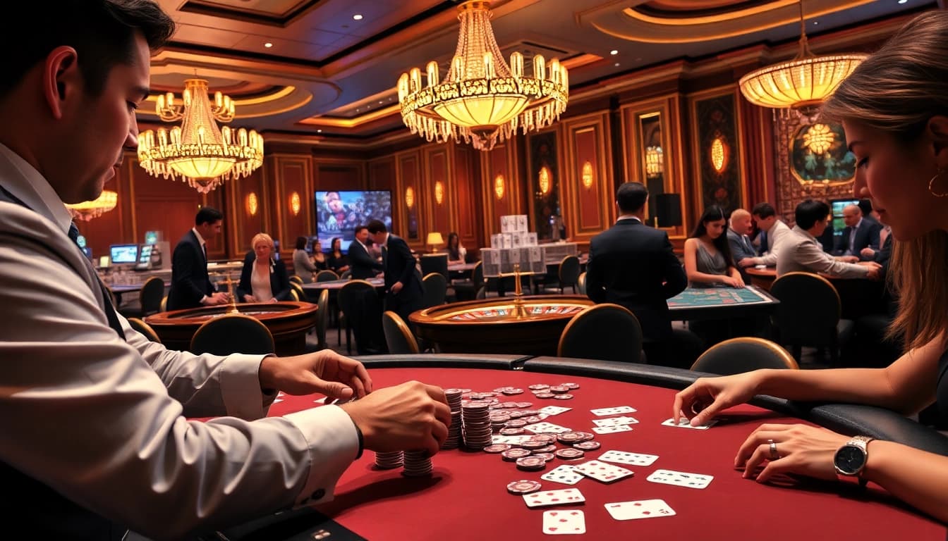 MM88 poker players place bets at an elegant casino table surrounded by excitement.