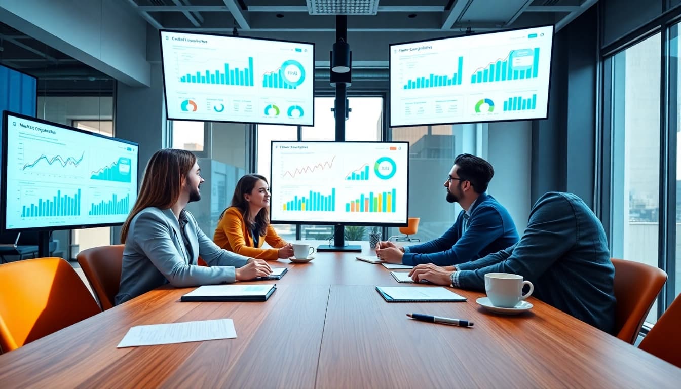 Utilize AI for competitor analysis with a team collaborating in a modern office setting.