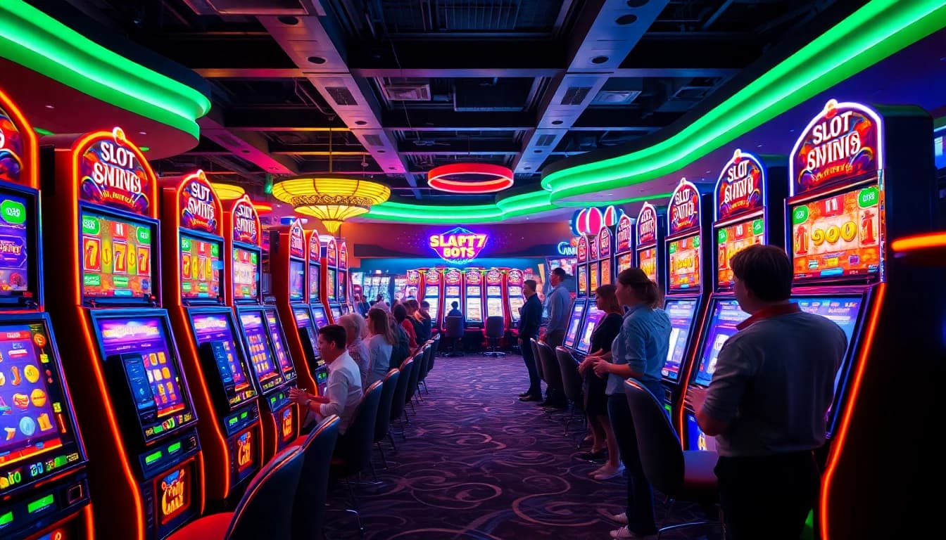 Engaging players enjoying the excitement of slot777 machines in a vibrant casino environment.