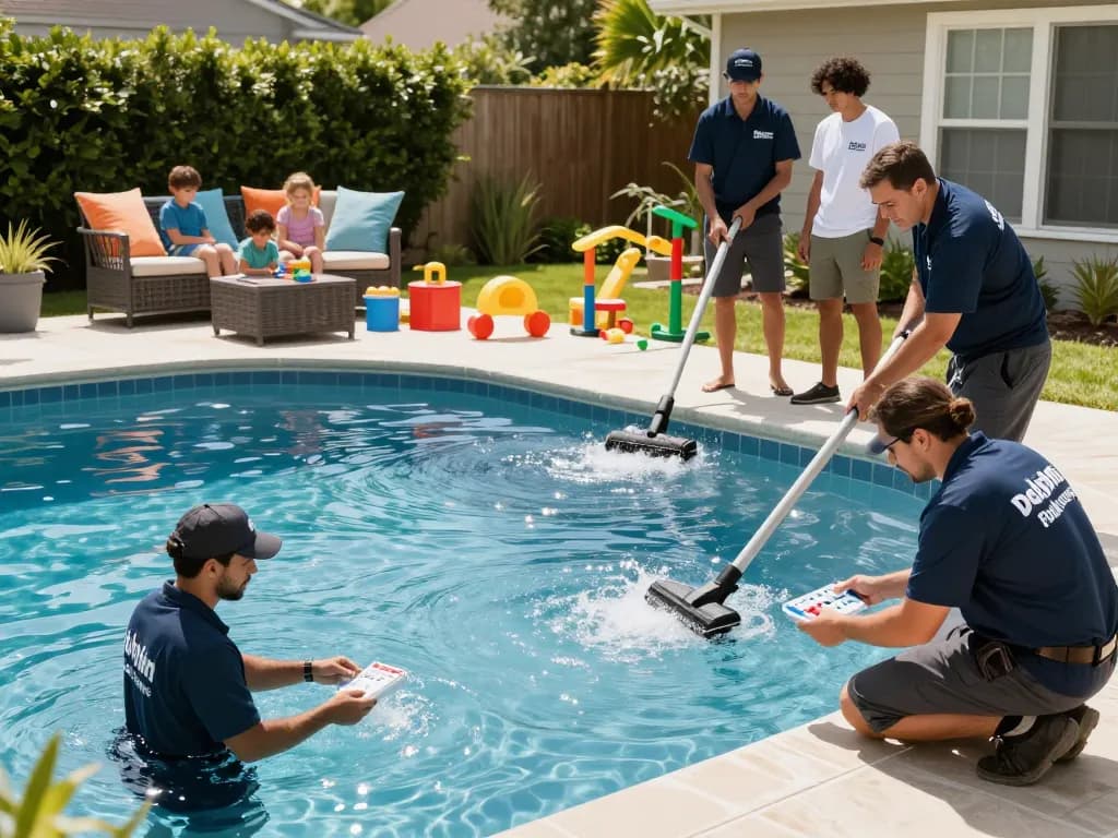 Dolphin Pool Services team performing pool maintenance in a sunny backyard setting, showcasing expertise and friendly service.