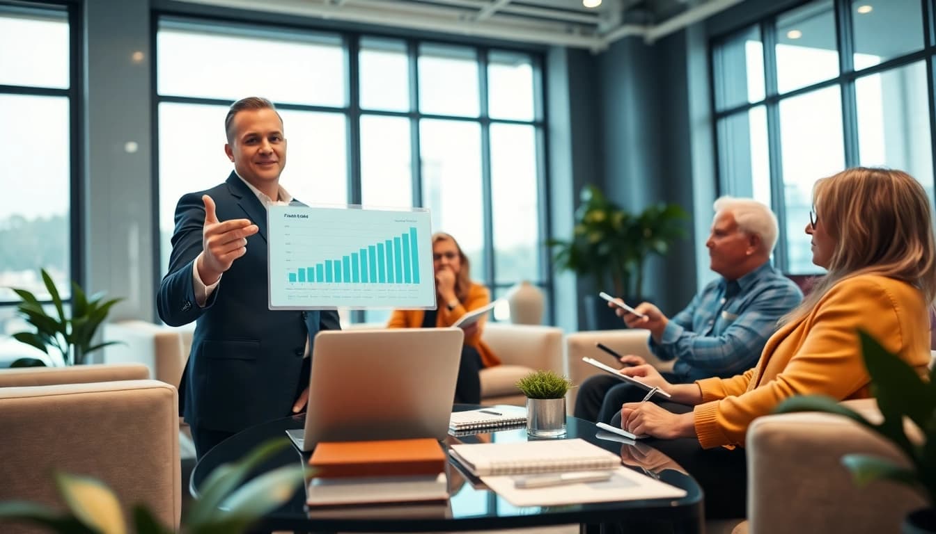 Clients engaging in wealth management San Antonio consultation with a financial advisor in a modern office.