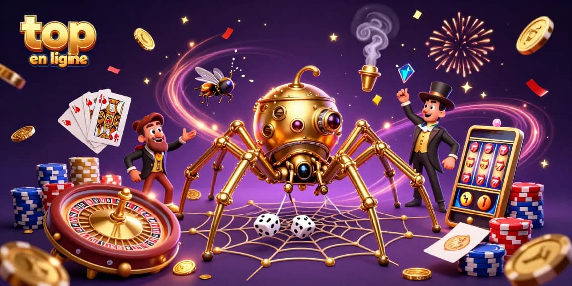 Plongez dans l'univers du top casino en ligne avec une illustration captivante de jeux et de gains.