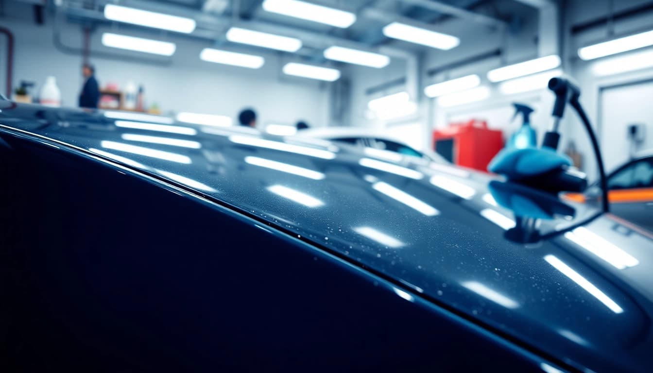 Experience a full car detailing service with professional tools and a gleaming vehicle in a well-lit garage.