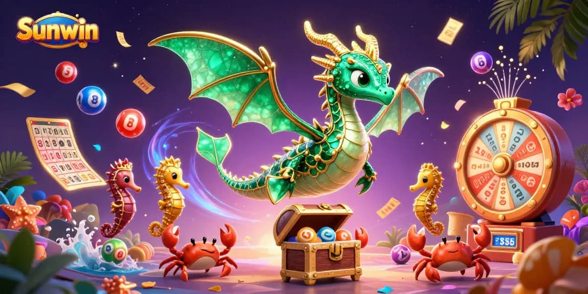 Win exciting prizes with Sunwin's vibrant lottery games featuring colorful balls and a treasure dragon!