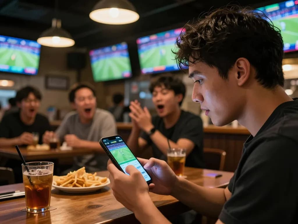 KÈO TRỰC TUYẾN monitoring live football betting odds on smartphone in a lively sports bar
