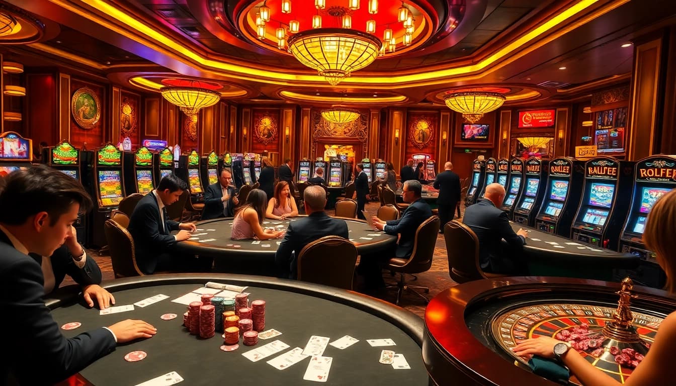 Heart-pounding action on the gaming floor at https://rr88.navy/ with poker players and vibrant slot machines.