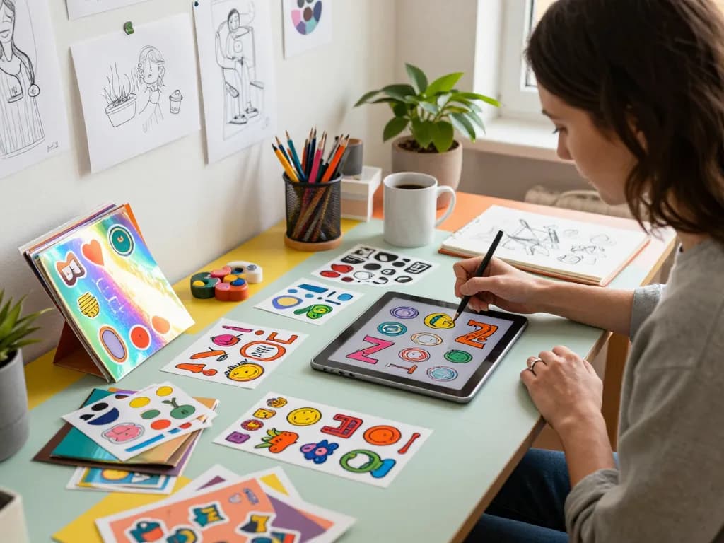 Designer creating custom stickers, surrounded by vibrant materials in a creative workspace.