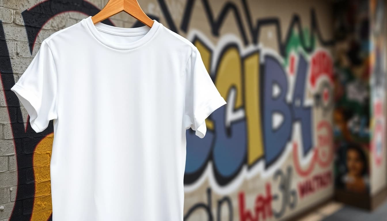 Showcase a blank white t shirt hanging artistically against a vibrant graffiti wall.
