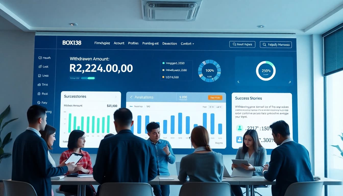 Users celebrating financial success on a BOX138 dashboard interface showing Rp 2.424.000,00 withdrawal.