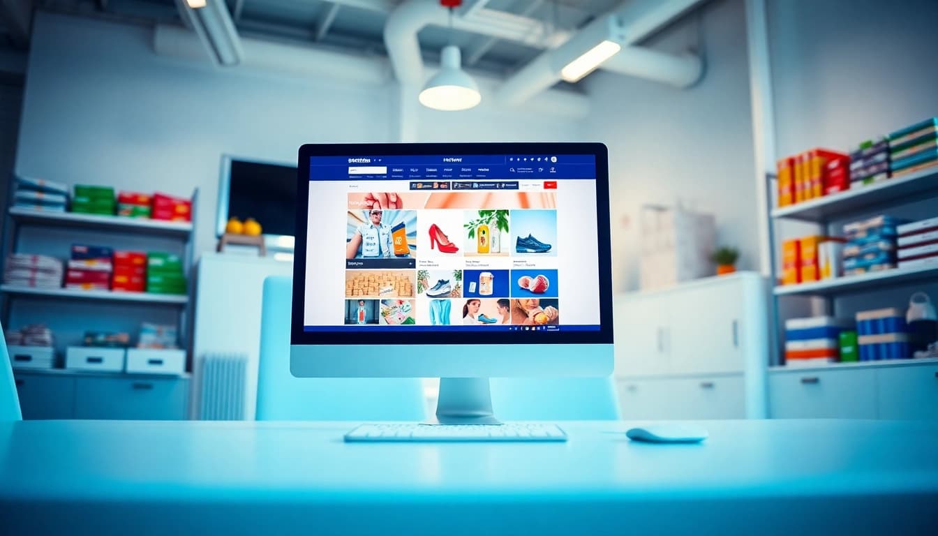 Engaging e-commerce website essex showcased in a modern office workspace with vibrant products.