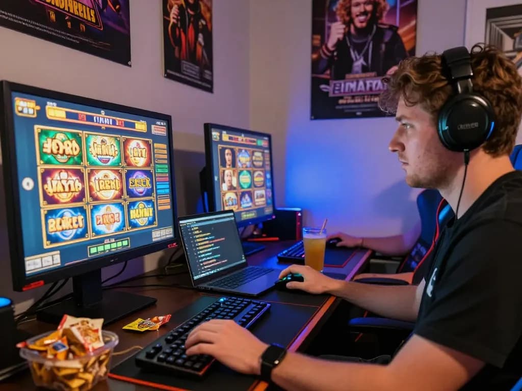 Engaged player enjoying slot gacor hari ini on a computer in a vibrant gaming setup.
