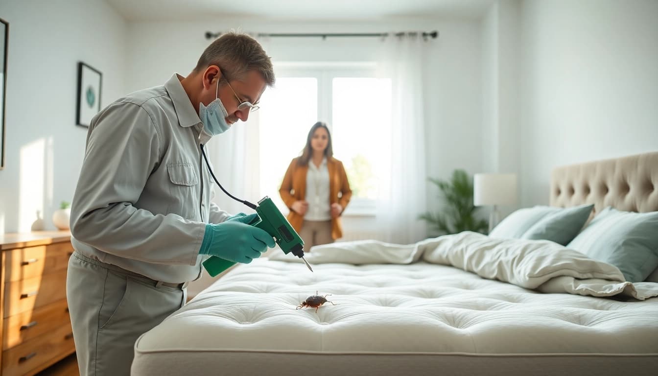 Efficient bed bug removal process being conducted by a technician in a clean bedroom environment.