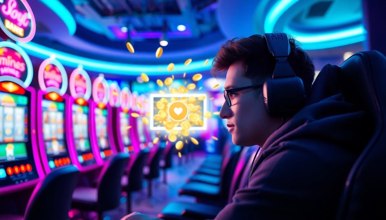 Menangkan jackpot di situs slot menarik dengan gamer fokus dan mesin slot di latar belakang.