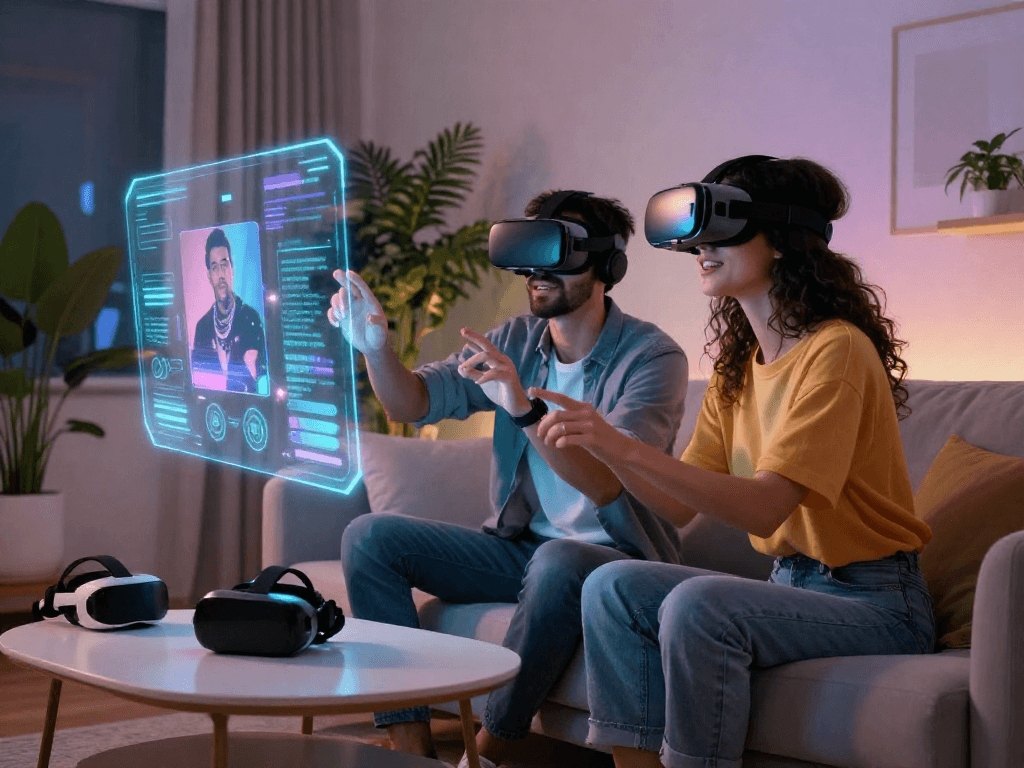 Couple engaging with AI porn through virtual reality, showcasing immersive technology in a cozy, intimate setting.