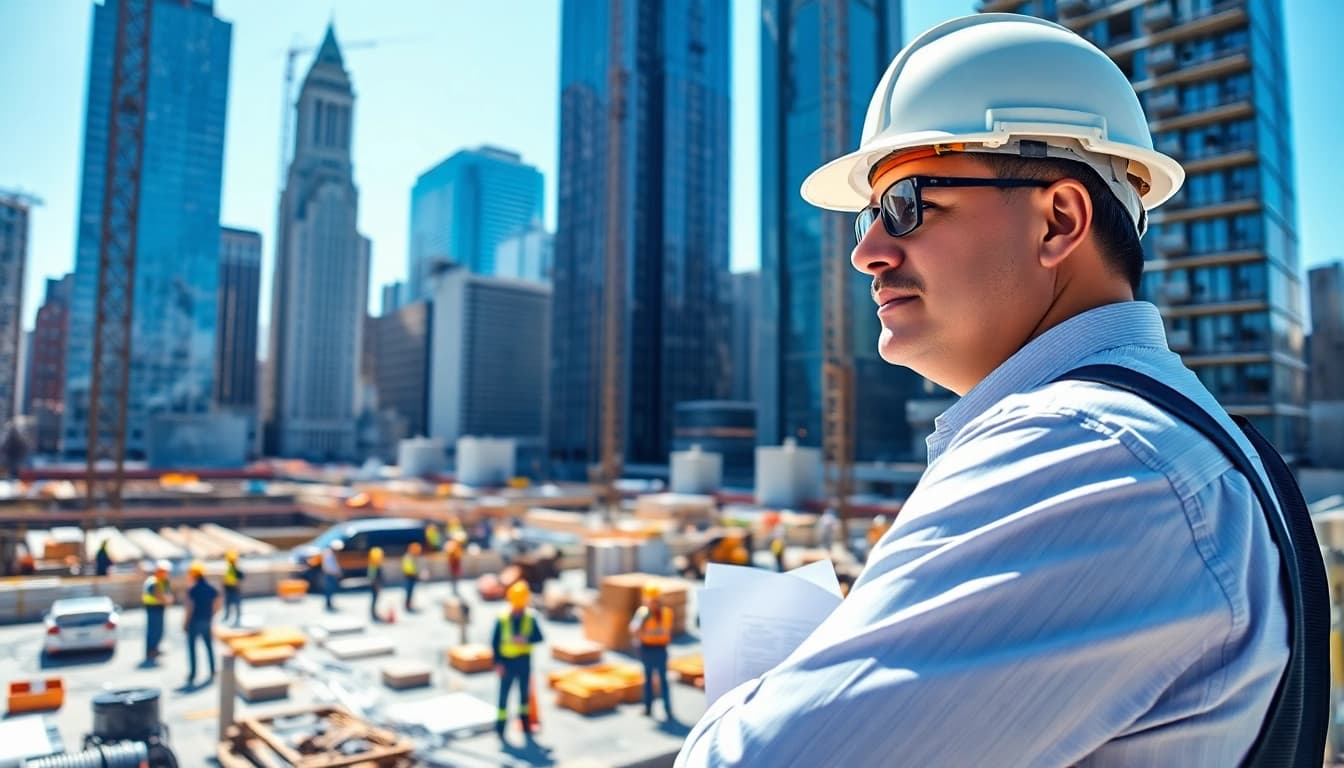 Manhattan Construction Manager supervising a construction project in a lively urban setting.
