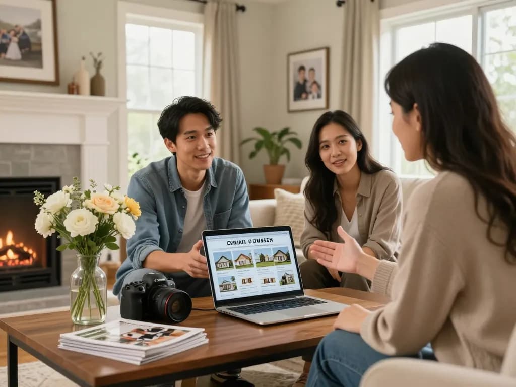 Sell my house fast for cash consultation with a homebuyer and homeowner discussing offers in a cozy living room.