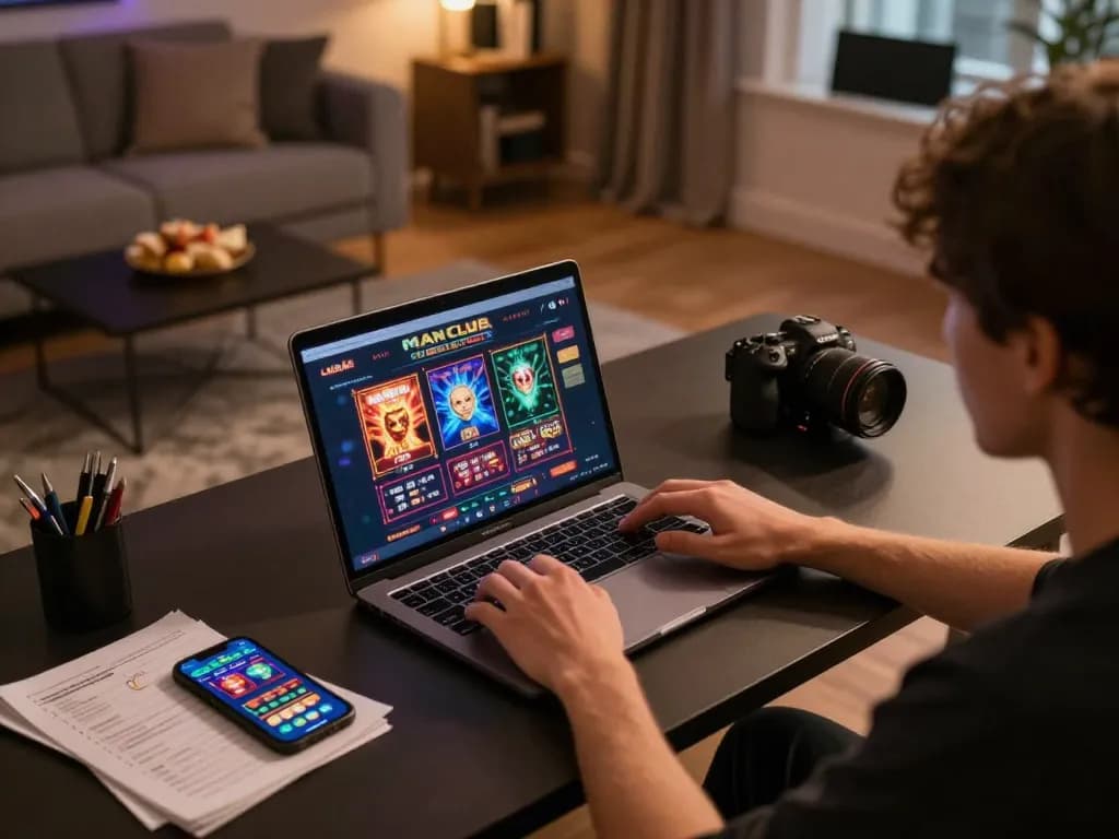 Engaging in online gaming at home with the Manclub interface visible on laptop screen, showcasing relaxed and strategic entertainment.