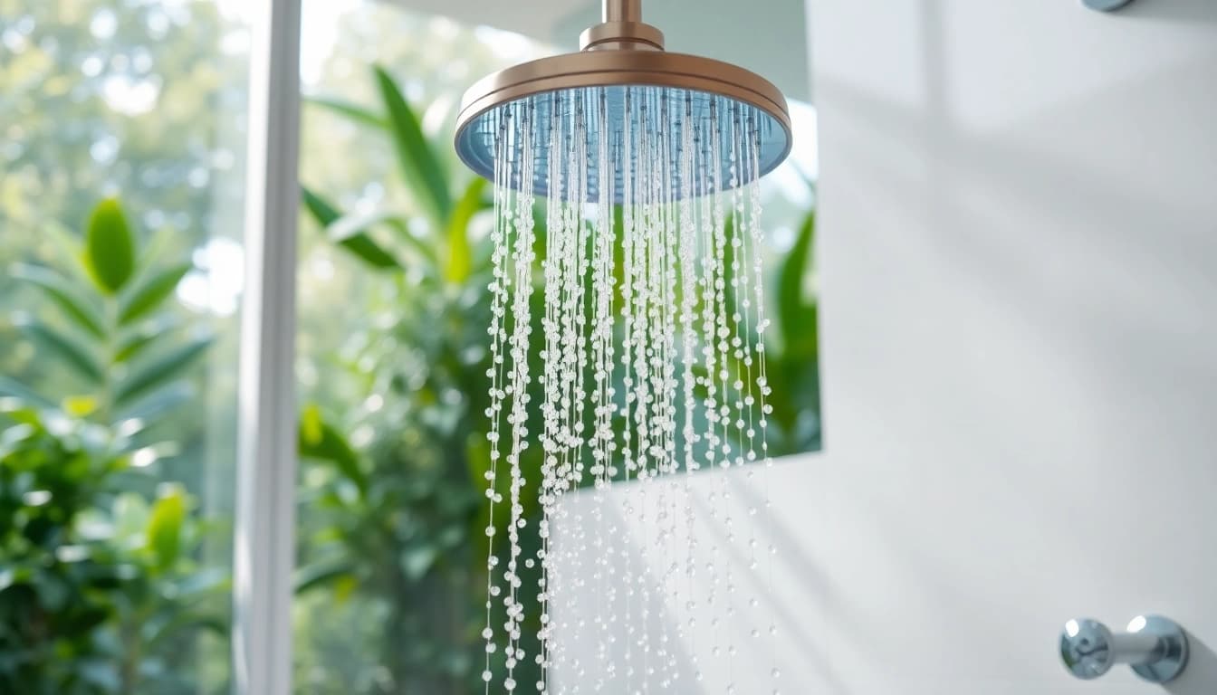 Experience elegant showers uk with a premium rainfall showerhead in a serene bathroom setting.