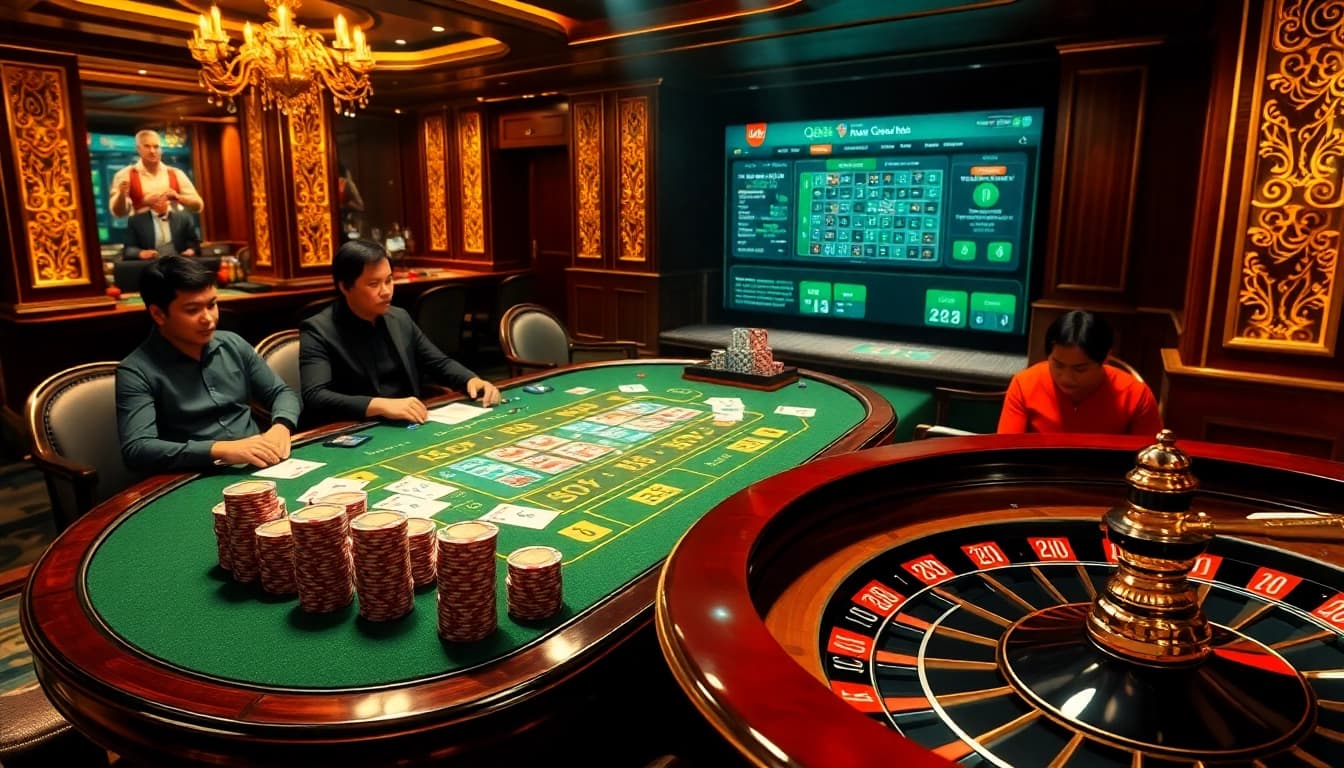Engaged players enjoying a game at Trang chủ QQ88 casino with vibrant poker chips and cards.