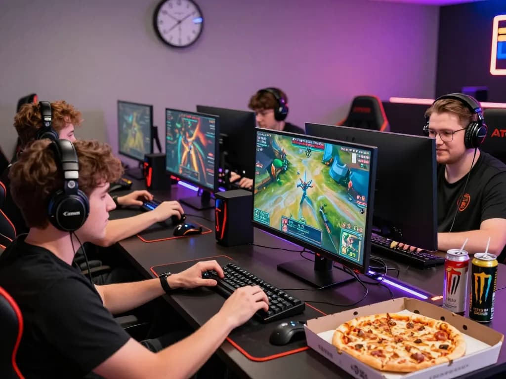 Engaging esports hubet88 scene showcasing gamers placing bets and streaming live matches, creating an exciting betting atmosphere.