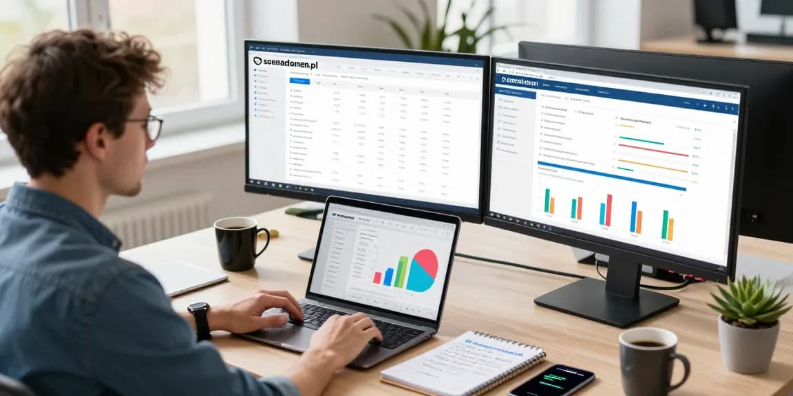 Digital marketing workspace with live analytics from scenadomen.pl and competitive reports.