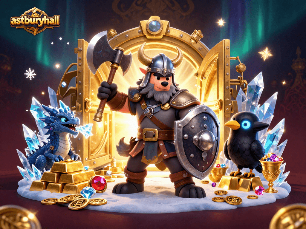 Experience thrilling gameplay at astburyhall with Viking warrior and treasure in a vibrant casino scene.