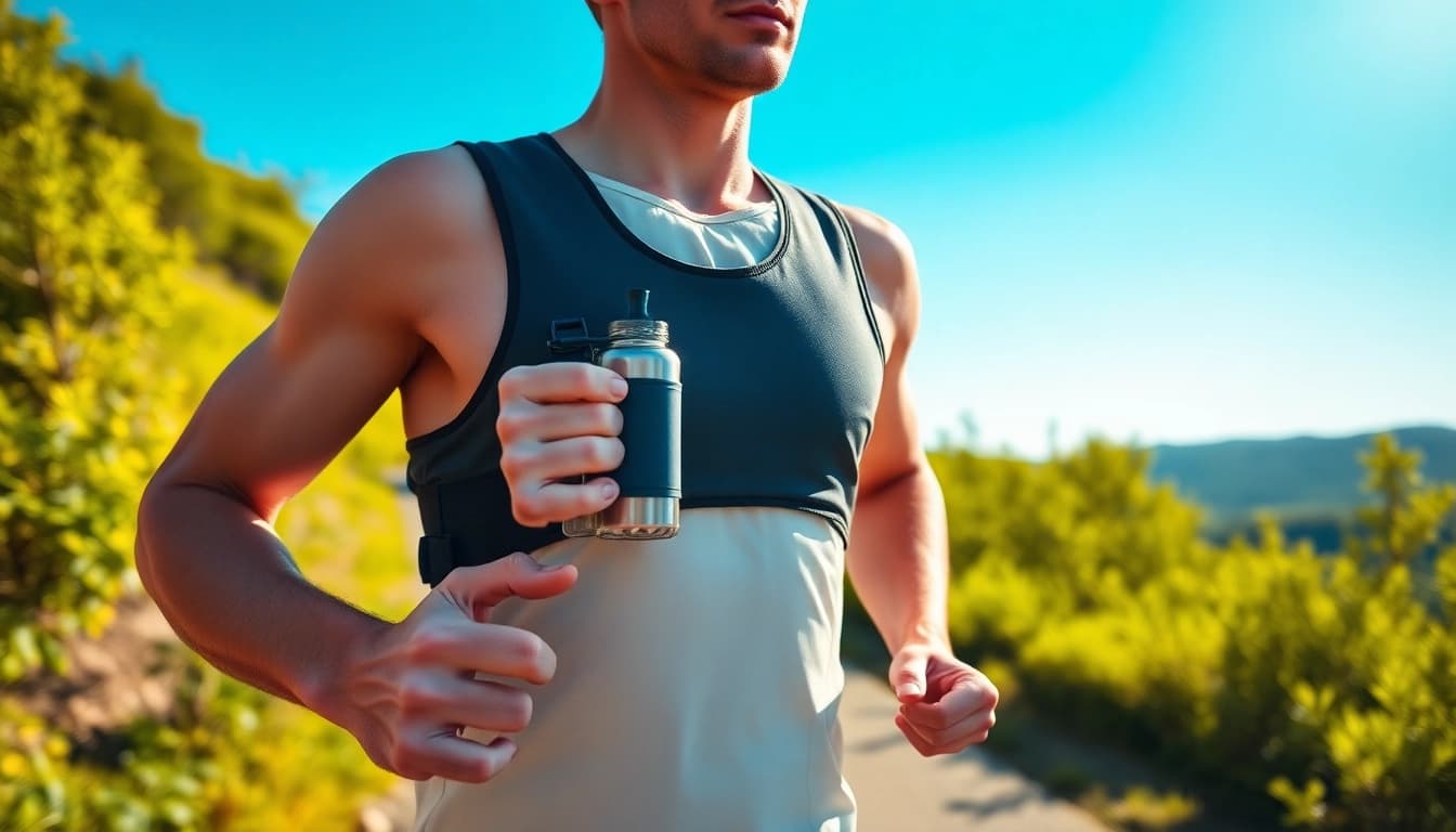 Active runner using a running vest with bottle, showcasing hydration and performance.