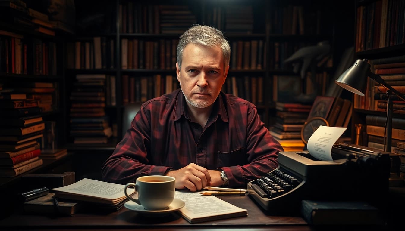 Illustration of an action thriller author immersed in creative storytelling.