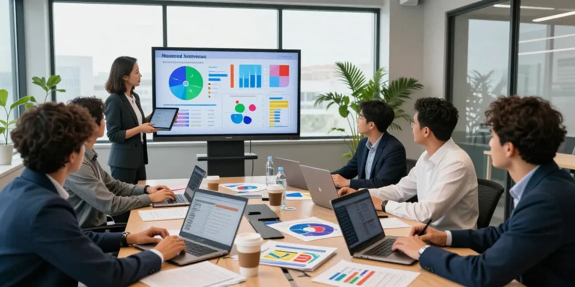 Political media buying agency team strategizing in modern conference room