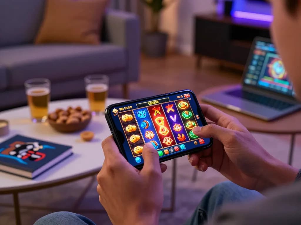 Engaging gameplay experience on a slot server luar negeri displayed on a smartphone, surrounded by cozy home elements.