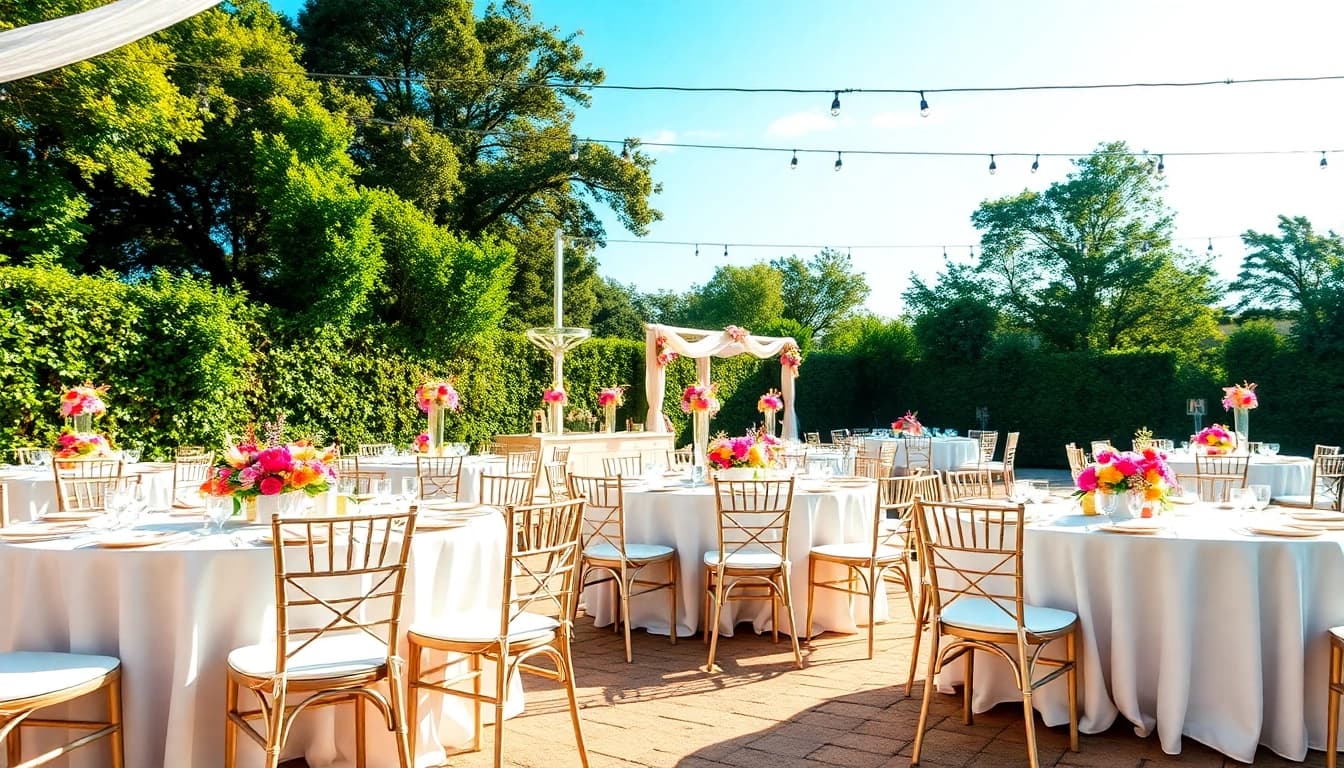 Event Rentals setup with elegant tables and vibrant decorations for outdoor weddings.