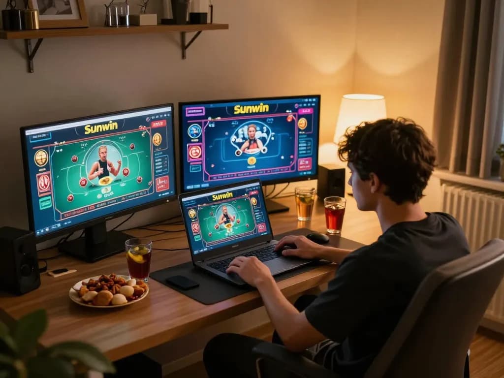 Engaging in Sunwin online casino gameplay with a laptop at home, showcasing gaming options.