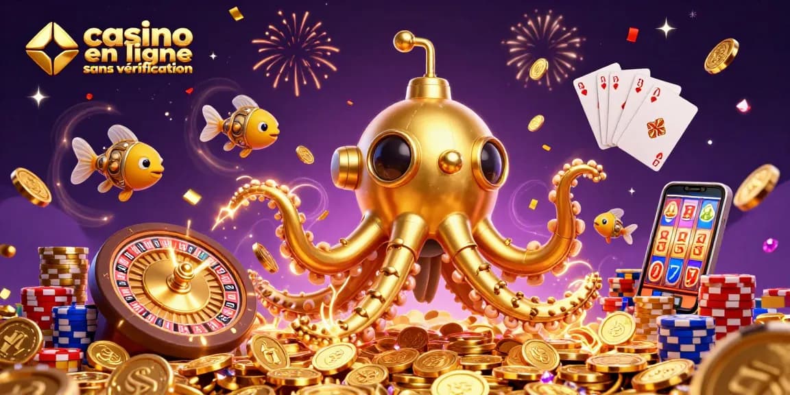 Jouez sur un casino en ligne sans vérification, avec un kraken et des poissons mécaniques dans un monde de pièces d'or.