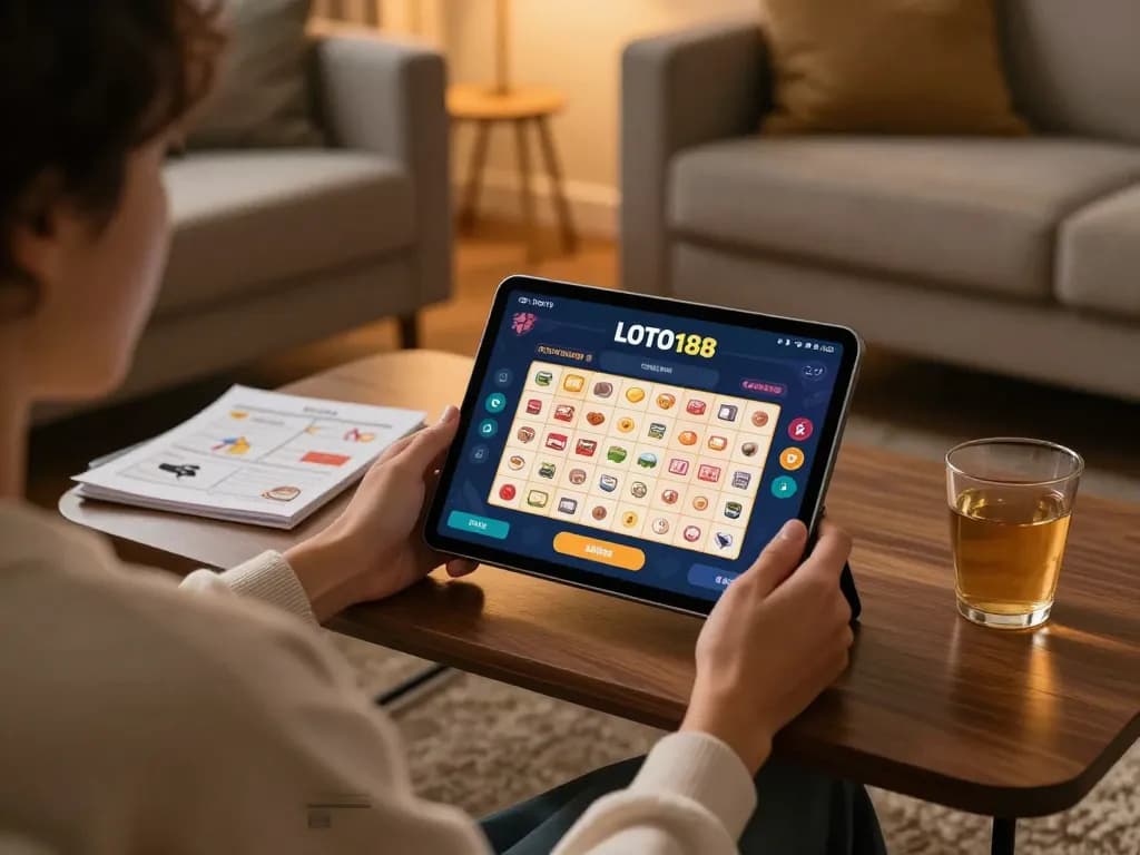 Engaged player using LOTO188 on tablet in a cozy home setting, showcasing online gambling strategy.