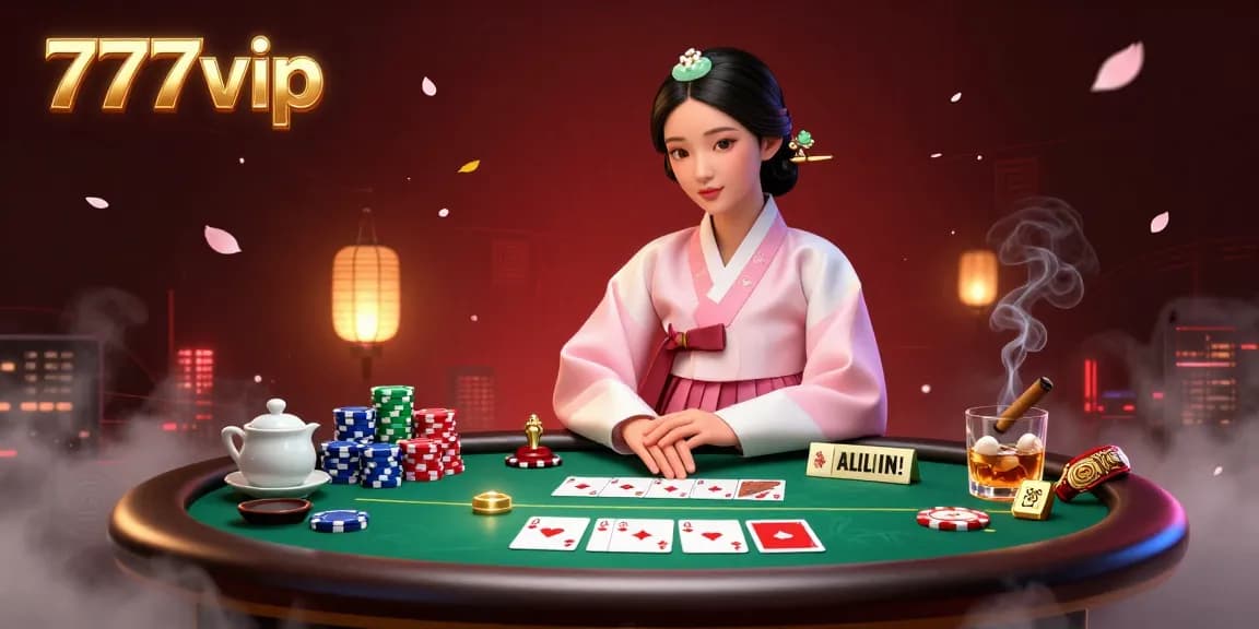 Experience the thrill of gaming at 777vip with a captivating scene of poker tables, chips, and an elegant hostess.