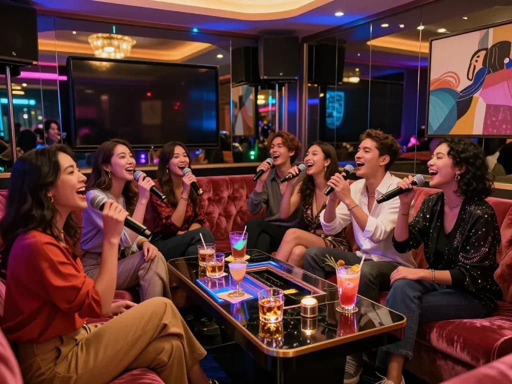 Enjoy a lively karaoke session at https://www.gangnamtune.com with friends in a stylish lounge.