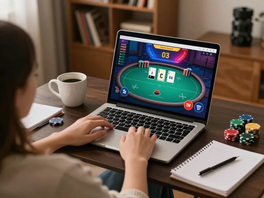 Engaged user analyzes online poker strategy at home to enhance vipwin experience