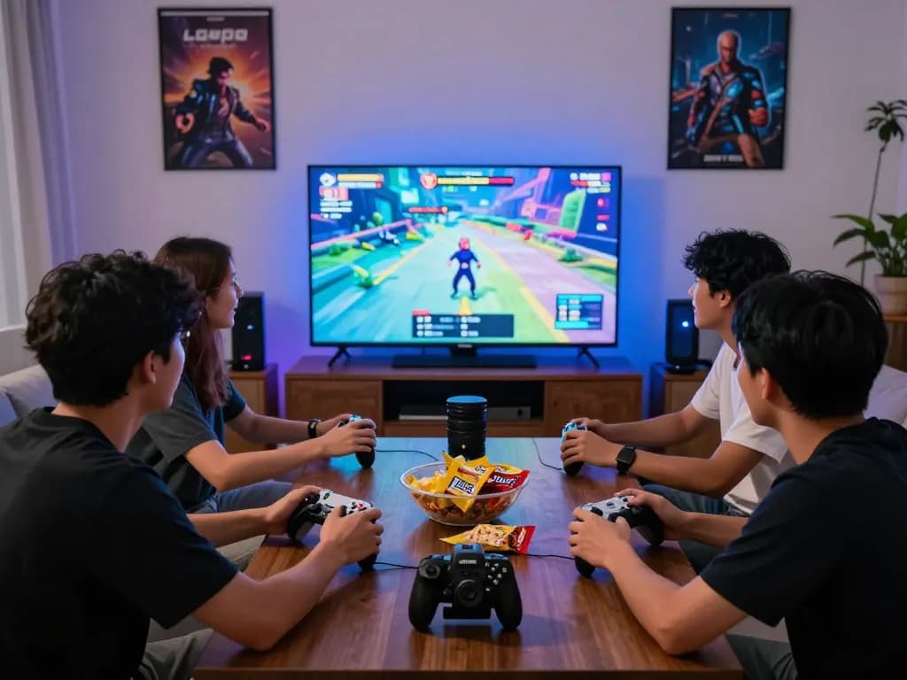 Friends enjoying an exciting gaming session on go88 while surrounded by snacks and controllers.