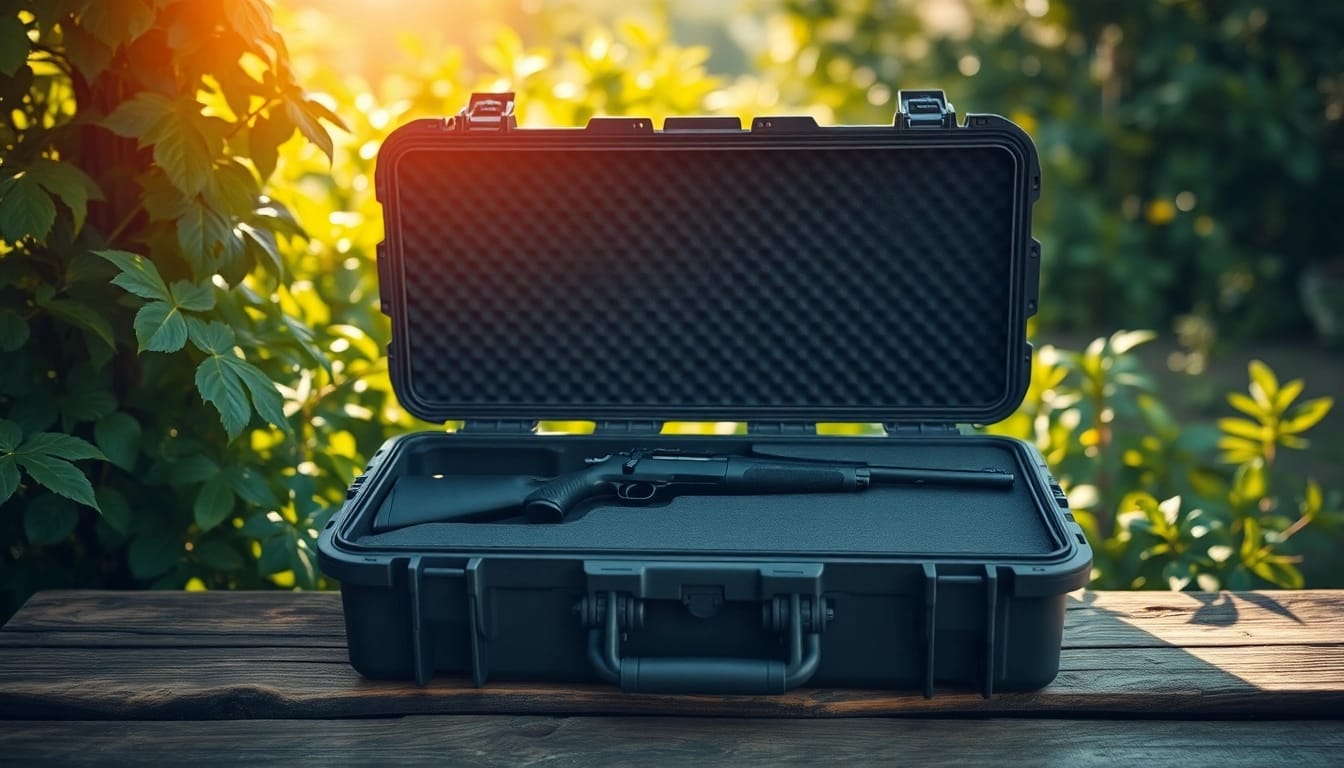 Protect your gear with a durable pelican rifle case, prominently displayed amidst a natural setting.