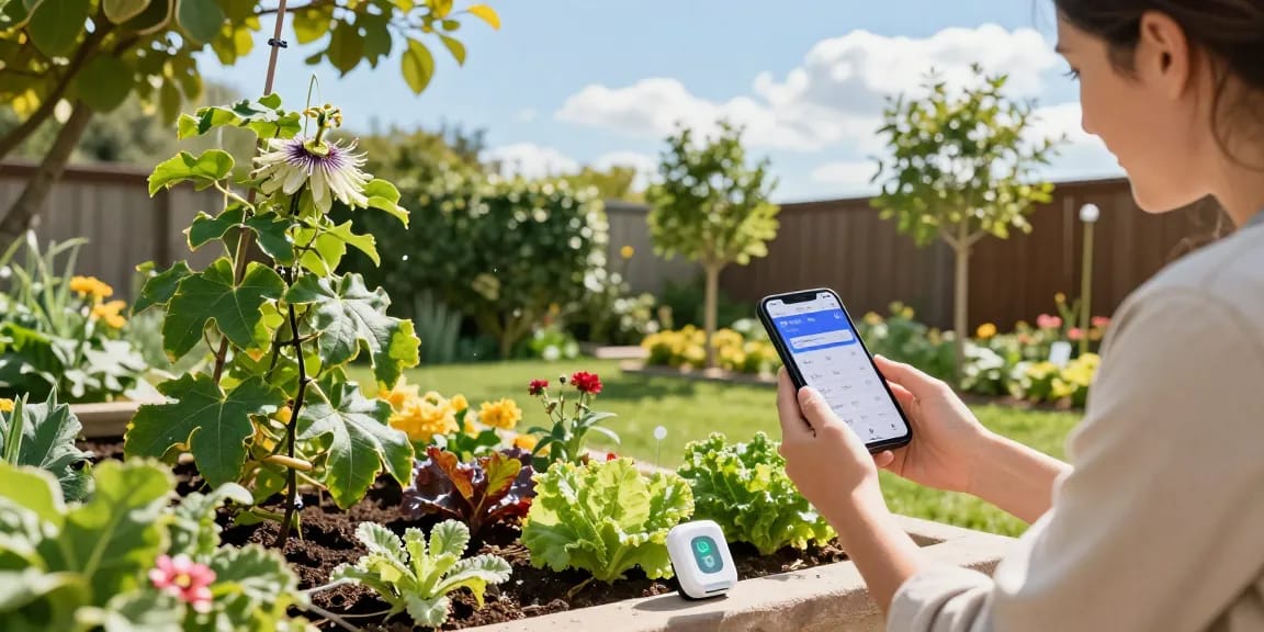 Homeowner setting up a rainpoint wifi water timer in a flourishing garden.