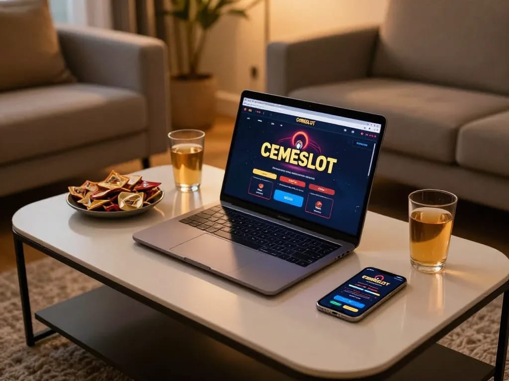 CEMESLOT showcases an elegant online gambling setup with a laptop and smartphone, highlighting strategic gaming.